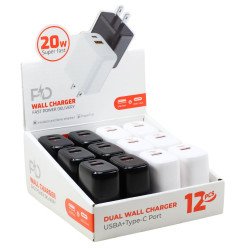 12pc Countertop Display with 20W PD Fast Charging Dual Port USB-A and Type-C Wall Charger Adapter for Universal Cell Phone And Bluetooth Device (Black, White)